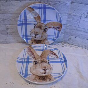 Henry Bunny Pier 1 Blue/White Plaid Salad Plates Set 2 *